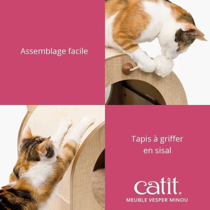 Catit Vesper Minou - Meuble à griffer pour chat avec coussin mémoire de forme, cachette et tapis en sisal remplaçable - Design MDF aspect chêne - 36 x 37 x 40 cm