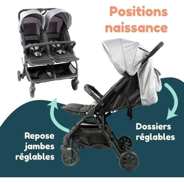 Bambisol DS209 - Poussette double côte à côte pour jumeaux dès la naissance, pliage ultra-compact, gris noir, inclinable à plat, jusqu'à 15 kg par siège Bambisol DS209 - Poussette double côte à côte pour jumeaux dès la naissance, pliage ultra-compact, gris noir, inclinable à plat, jusqu'à 15 kg par siège