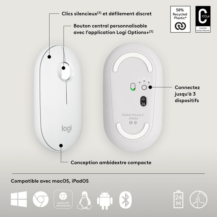 Logitech M350s Pebble Mouse 2 - Souris Bluetooth Ultra-Portable Silencieuse, Design Fin et Rond, Connexion Multi-Appareils, 2 Ans Autonomie