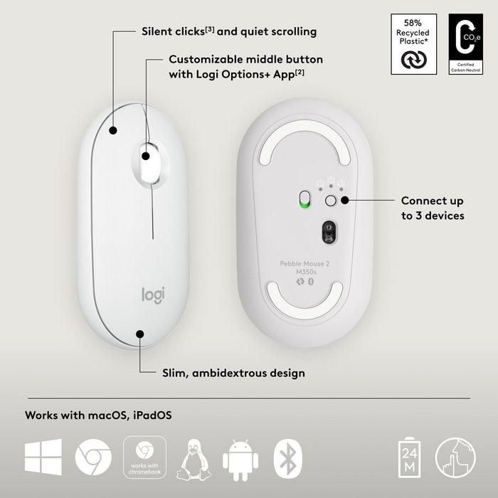 Logitech M350s Pebble Mouse 2 - Souris Bluetooth Ultra-Portable Silencieuse, Design Fin et Rond, Connexion Multi-Appareils, 2 Ans Autonomie
