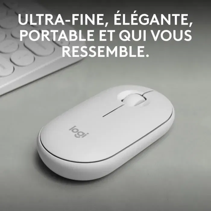 Logitech Pebble Mouse 2 M350s - Souris sans fil Bluetooth avec bouton personnalisable - Connectivité multidispositif - Blanche