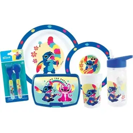 Fun House - Set Vaisselle 6 Pièces Disney Lilo et Stitch et Angel, 2 Assiettes (22 cm, 16 cm), Verre, Gourde, Boîte Goûter, Couteaux