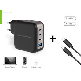 Conceptronic Althea18B Chargeur mural 100 W 4 ports USB-C et USB-A avec PD 3.0 et QC 3.0 Noir