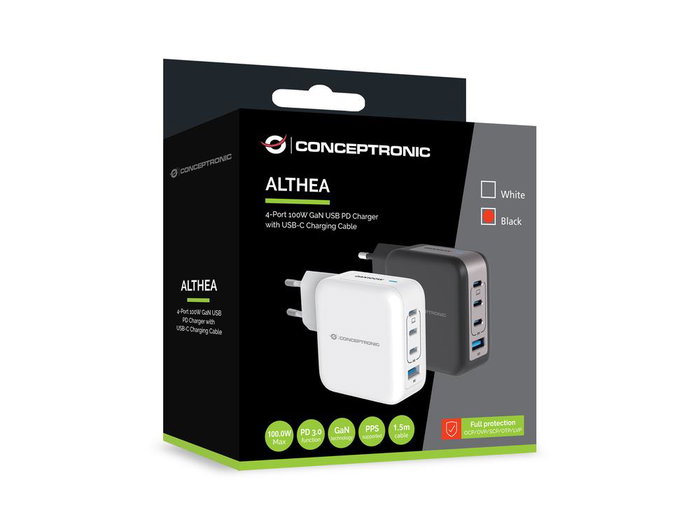 Conceptronic Althea18B Chargeur mural 100 W 4 ports USB-C et USB-A avec PD 3.0 et QC 3.0 Noir