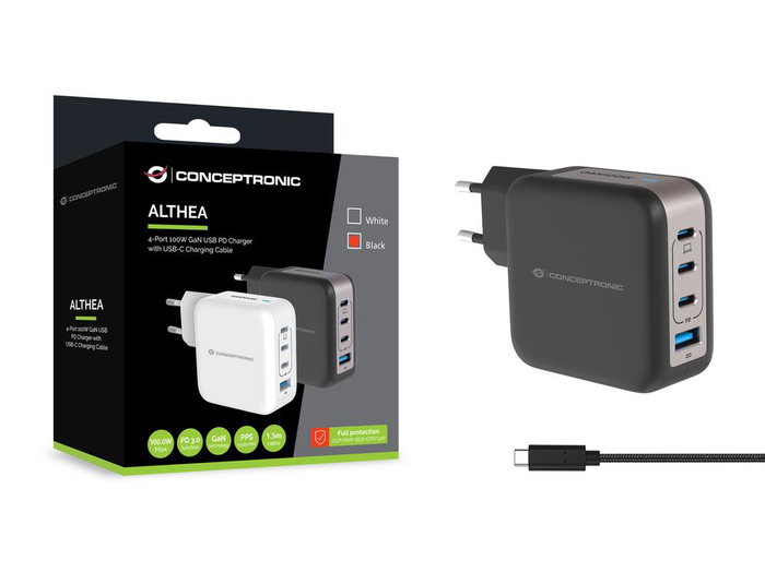 Conceptronic Althea18B Chargeur mural 100 W 4 ports USB-C et USB-A avec PD 3.0 et QC 3.0 Noir