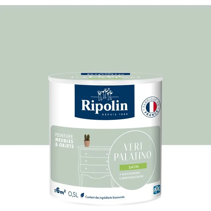 Ripolin - Peinture Meubles & Objets - Vert Palatino - Finition satinée - Pour bois, métal, stratifié - Intérieur & Extérieur - 0,5 litre