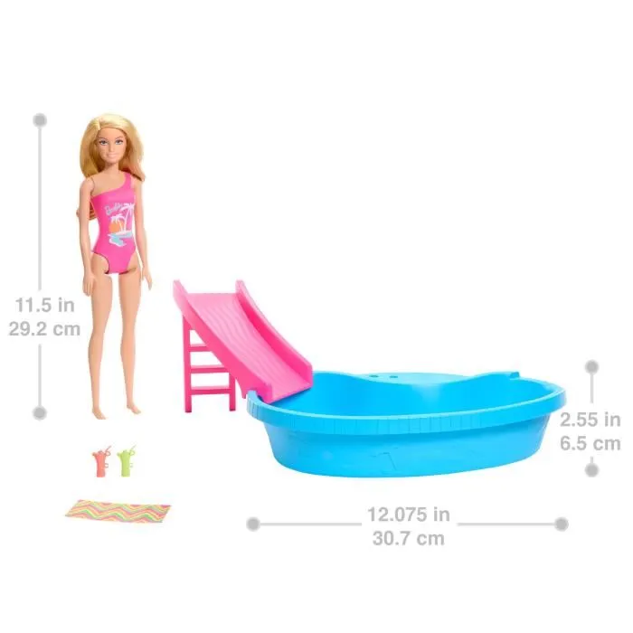 Barbie HRJ74 - Poupée Barbie et coffret avec piscine de rêve, toboggan et accessoires - Poupée blonde avec maillot de bain rose