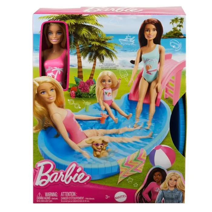 Barbie HRJ74 - Poupée Barbie et coffret avec piscine de rêve, toboggan et accessoires - Poupée blonde avec maillot de bain rose