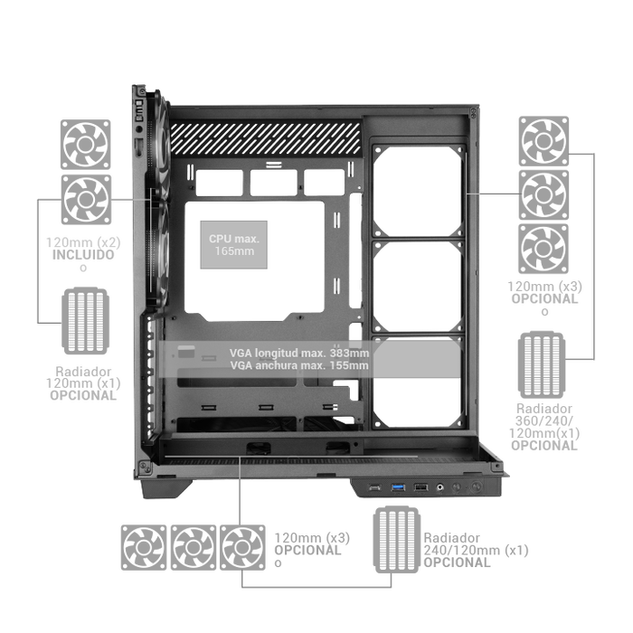 Mars Gaming MC3GFPRO Boîtier PC ATX Semitorre Noir, Triple Vitre Trempée, 4 Ventilateurs ARGB FX, USB-C 3.2