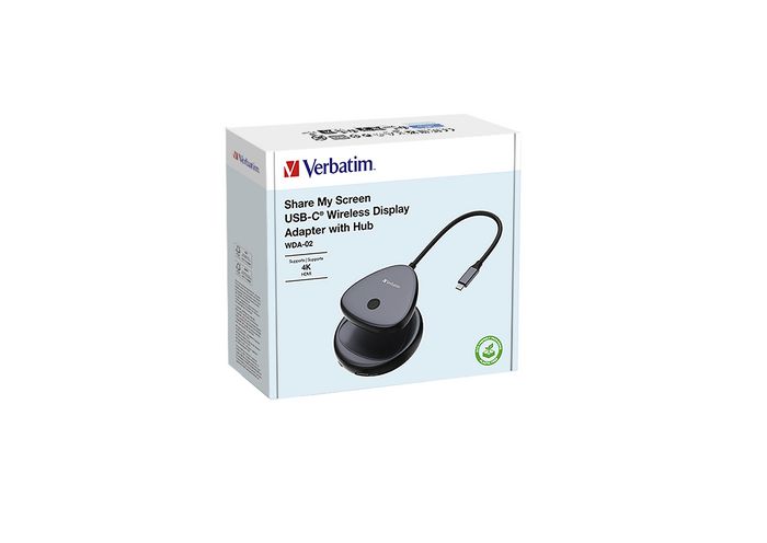 Verbatim WDA-02 Adaptateur d'Affichage Sans Fil USB-C avec Hub, Partage d'Écran en 4K UHD 30Hz, Port USB-A Additionnel, Portée 10m