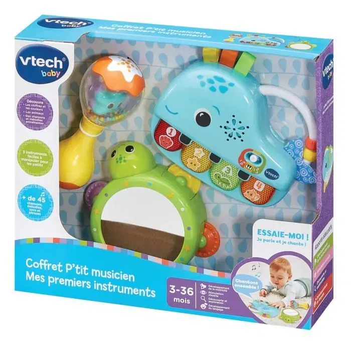VTech Coffret P'tit Musicien - Mes Premiers Instruments - 3 Instruments Électroniques pour Bébé (Piano, Tambourin, Maraca) - Thème Marin - Apprentissage Musical et Sensoriel