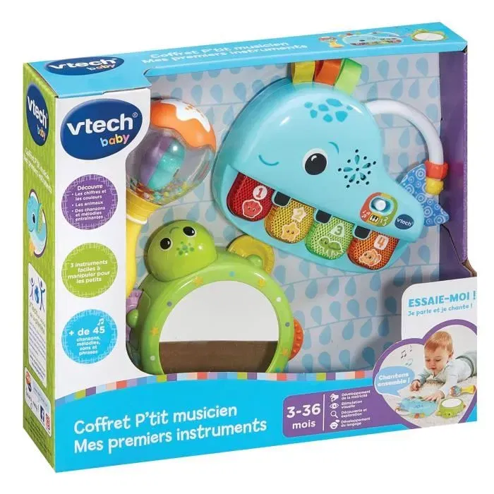 VTech Coffret P'tit Musicien - Mes Premiers Instruments - 3 Instruments Électroniques pour Bébé (Piano, Tambourin, Maraca) - Thème Marin - Apprentissage Musical et Sensoriel