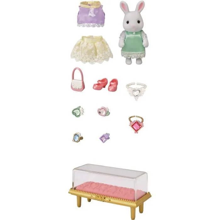 Sylvanian Families 5647 - Figurine miniature La Valisette de mode avec Grande Soeur Lapin Neige, 11 accessoires de bijoux, étagère de rangement, pour enfant à partir de 3 ans
