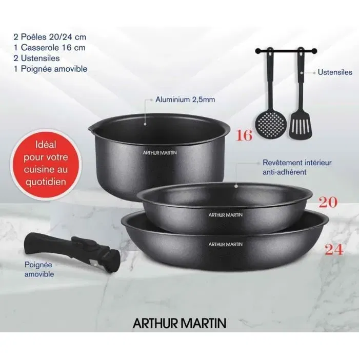 Arthur Martin Batterie de cuisine AM9582, 6 pièces en aluminium anti-adhésif pour tous feux dont induction, poêles 20 et 24 cm, casserole 16 cm, avec poignée amovible