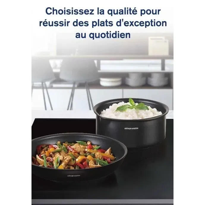 Arthur Martin Batterie de cuisine AM9582, 6 pièces en aluminium anti-adhésif pour tous feux dont induction, poêles 20 et 24 cm, casserole 16 cm, avec poignée amovible