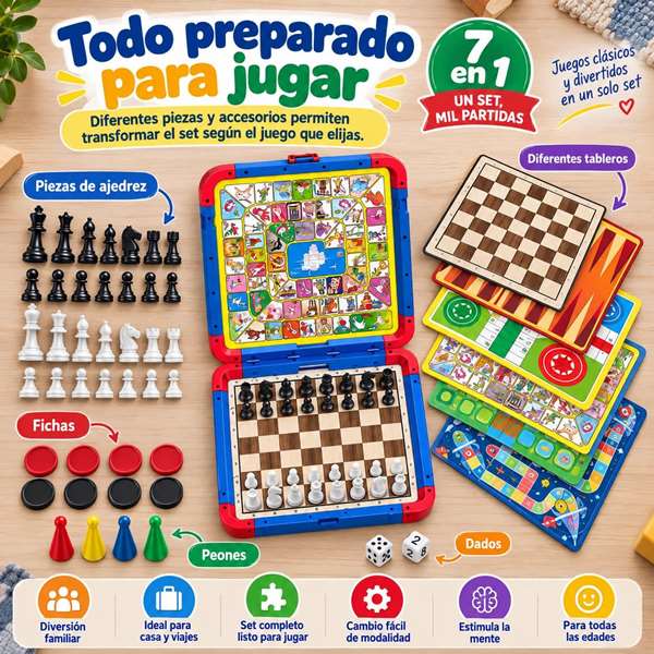 Jugatoys - enfamilia Jeux Classiques magnétiques 7 en 1 avec accessoires Jugatoys - enfamilia Jeux Classiques magnétiques 7 en 1 avec accessoires