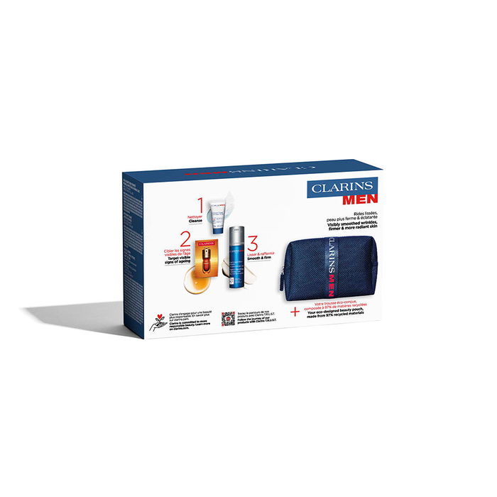 Clarins Coffret Homme Anti-Age 4 Pieces : Crème Gel Raffermissante, Nettoyant, Sérum Double Action, Trousse