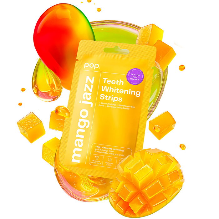 Pop. Bandes blanchissantes dentaires à l'arôme de mangue pour un sourire éclatant, 7 unités, formule sans peroxyde avec technologie PAP