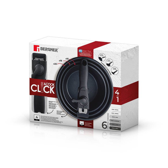 Bergner Click & Cook Set 3 casseroles acier inoxydable Ø16/18/20 cm avec manche amovible induction