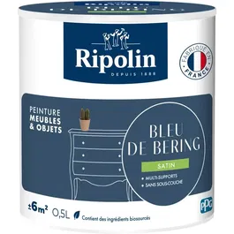 Ripolin - Peinture pour meubles et objets satinée, Bleu de Bering, 0,5L - Pour bois, mélaminé, métal - Intérieur et extérieur
