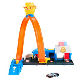Hot Wheels Jeu de Construction Piste Circuit Super Station de Police Jbm71 avec Voiture à l'Échelle 1:64 - Packaging Multilingue