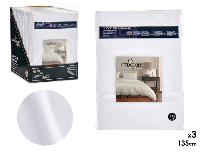 GIFTDECOR Set de 3 Draps 135 cm Blanc 100% Polyester - Housse 135x200 cm, Drap Plat 205x245 cm, Taie 45x150 cm (Set de 12) GIFTDECOR Set de 3 Draps 135 cm Blanc 100% Polyester - Housse 135x200 cm, Drap Plat 205x245 cm, Taie 45x150 cm (Set de 12)