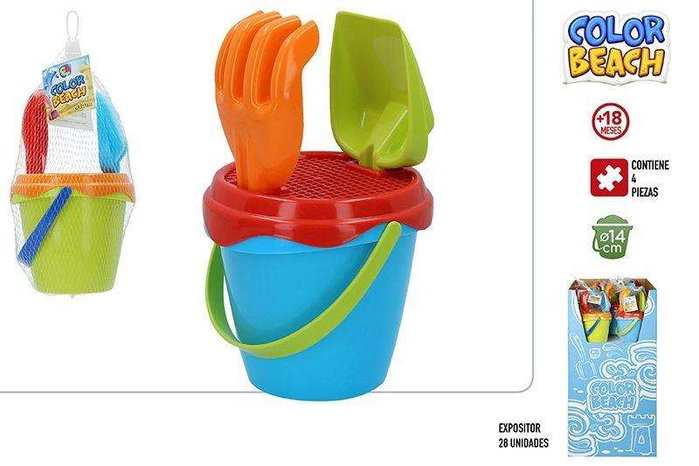 Color Baby Set de Seau de Plage avec 3 Accessoires en Filet 14 cm - Modèles Assortis