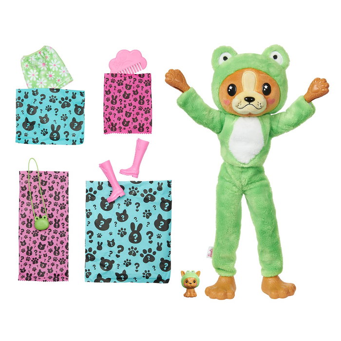 Barbie Cutie Reveal Disfraces Perro Rana HRK24 - Poupée avec 10 surprises, ami peluche chiot en costume de grenouille, jouet Mattel