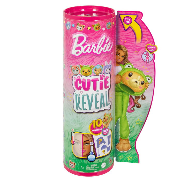 Barbie Cutie Reveal Disfraces Perro Rana HRK24 - Poupée avec 10 surprises, ami peluche chiot en costume de grenouille, jouet Mattel