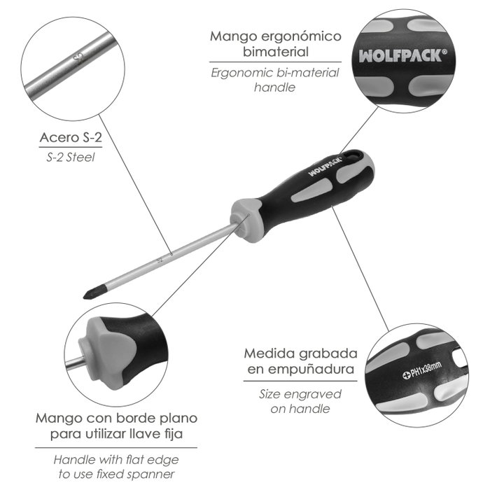 WOLFPACK LINEA PROFESIONAL Tournevis Phillips PH 1 en acier S2
