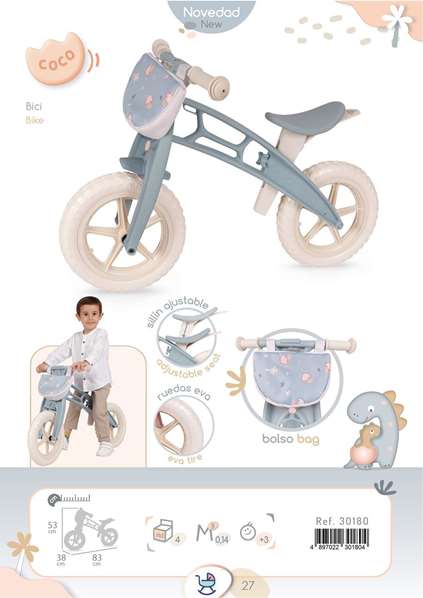 Decuevas Ma Première Draisienne sans Pédales Coco 83x53x38 cm avec Roues EVA, Sac et Selle Réglable en Hauteur pour Enfant dès 3 ans
