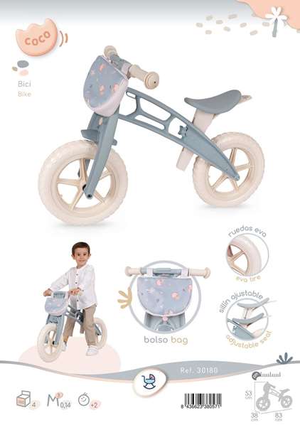 Decuevas Ma Première Draisienne sans Pédales Coco 83x53x38 cm avec Roues EVA, Sac et Selle Réglable en Hauteur pour Enfant dès 3 ans