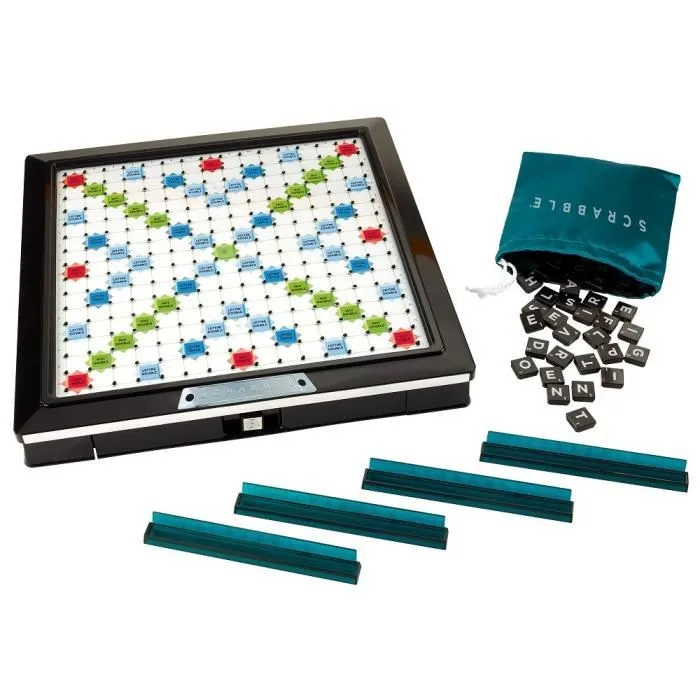 Mattel Games - Scrabble Deluxe - Jeu de société de lettres avec plateau tournant et encoches - Version noir et argent - À partir de 10 ans - 2 à 4 joueurs Mattel Games - Scrabble Deluxe - Jeu de société de lettres avec plateau tournant et encoches - Version noir et argent - À partir de 10 ans - 2 à 4 joueurs