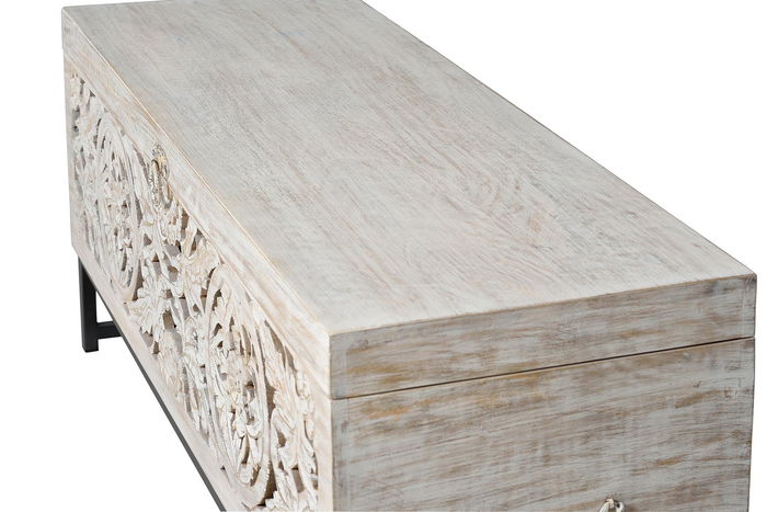 GINER Y COLOMER Coffre en bois de manguier et métal, finition blanc vieilli, ouverture supérieure, 50 x 116 x 40 cm