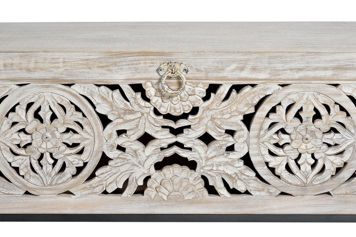 GINER Y COLOMER Coffre en bois de manguier et métal, finition blanc vieilli, ouverture supérieure, 50 x 116 x 40 cm