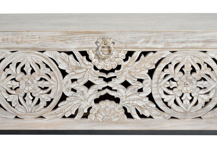 GINER Y COLOMER Coffre en bois de manguier et métal, finition blanc vieilli, ouverture supérieure, 50 x 116 x 40 cm