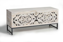 GINER Y COLOMER Coffre en bois de manguier et métal, finition blanc vieilli, ouverture supérieure, 50 x 116 x 40 cm