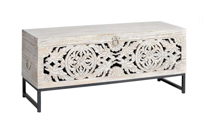 GINER Y COLOMER Coffre en bois de manguier et métal, finition blanc vieilli, ouverture supérieure, 50 x 116 x 40 cm