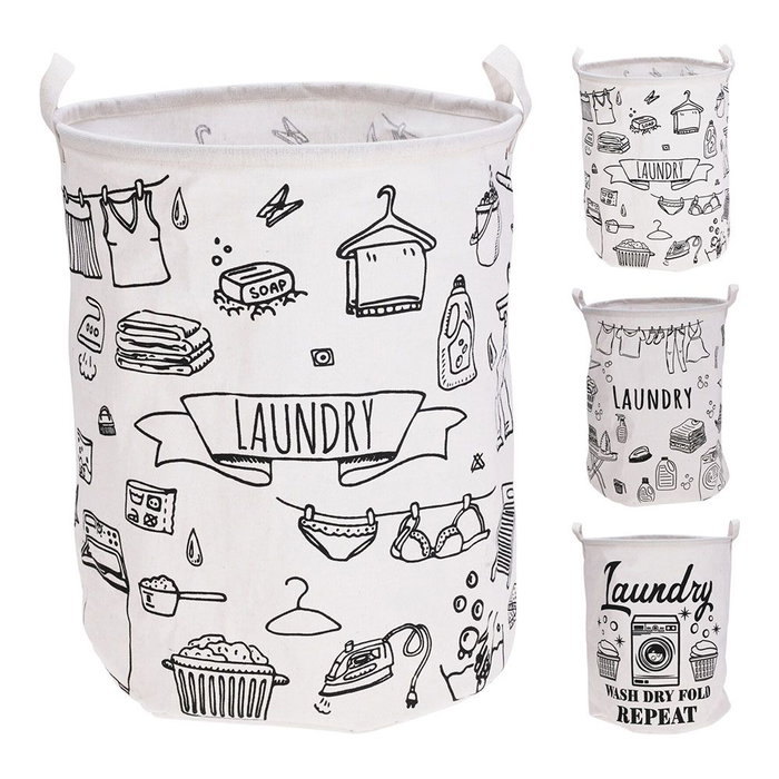 Basics Sac de linge blanc Ø40 x 50 cm avec 2 anses, 3 motifs assortis - Panier à linge revêtu Basics Sac de linge blanc Ø40 x 50 cm avec 2 anses, 3 motifs assortis - Panier à linge revêtu