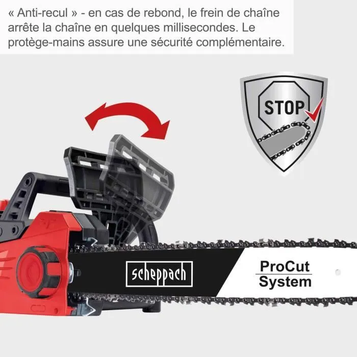 Scheppach CSE2600 Tronçonneuse électrique filaire 2400W avec barre de coupe de 45.5 cm - Couleur noir et rouge