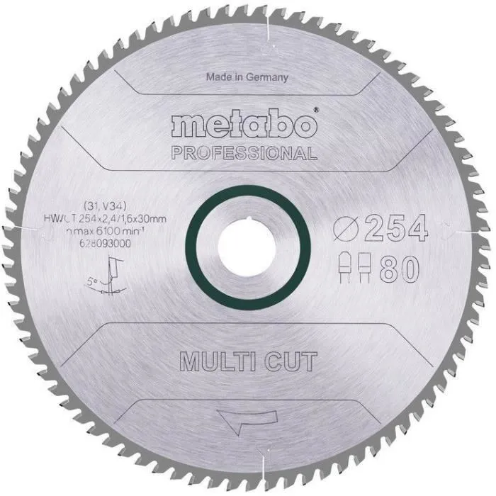 Metabo Lame de Scie Circulaire Pro Multi Cut HW/CT 254x30,80FZ/TZ 5° - Pour Bois Massif, MDF - Longévité Exceptionnelle Metabo Lame de Scie Circulaire Pro Multi Cut HW/CT 254x30,80FZ/TZ 5° - Pour Bois Massif, MDF - Longévité Exceptionnelle