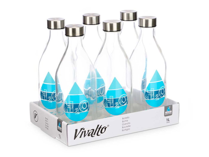 Vivalto Bouteille en verre et acier bouchon H2O 1000 ml transparente argent 9x26 cm (Set de 12)