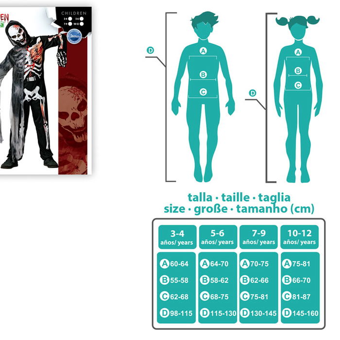 OTROS Déguisement Esqueleto pour garçon Halloween, ensemble complet avec capuche, cape, masque, guants, âge 5-6 ans, multicolore, matière polyester