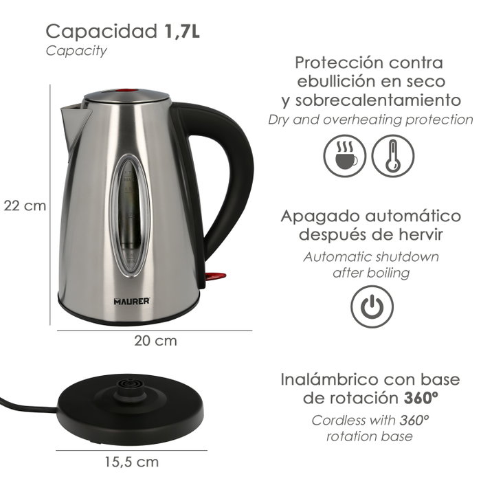 MAURER Bouilloire électrique 1,7 L Inox