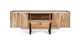 GINER Y COLOMER Buffet TV en bois d'acacia massif avec plateau en marbre blanc et pattes noires - Largeur 46 cm, hauteur totale avec pattes 28 cm