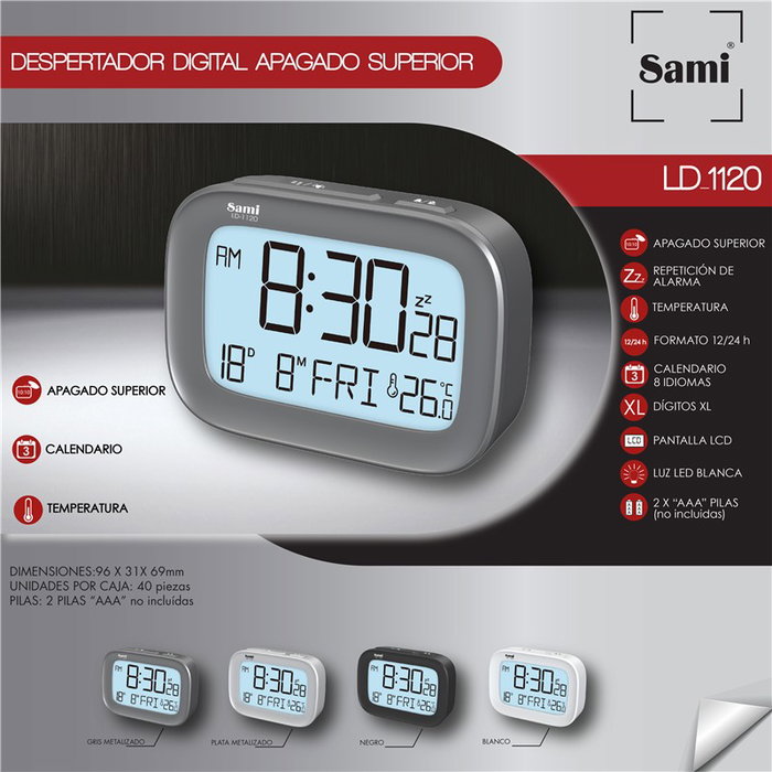 SAMI Réveil LCD Argent Foncé avec Extinction Supérieure et Calendrier