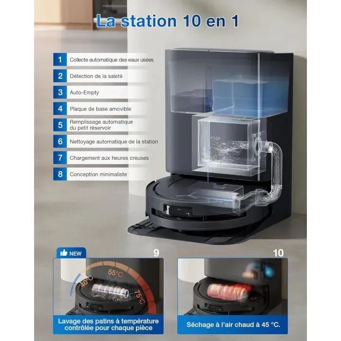 Ecovacs Deebot T80 OMNI Robot Aspirateur Laveur, 18000 Pa, Nettoyage Automatique, Station OMNI avec Lavage Eau Chaude, Séchage Air Chaud, Auto-Vidage