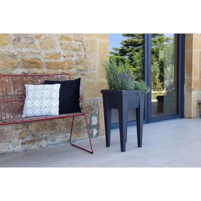 EDA - Veg&Table Aromatique - Potager sur pieds de balcon - 23 L - 38,5 x 38,5 x 68 cm - Gris anthracite - Système de rétention d'eau