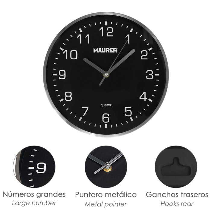 MAURER Montre Murale Noire Ø 25 cm