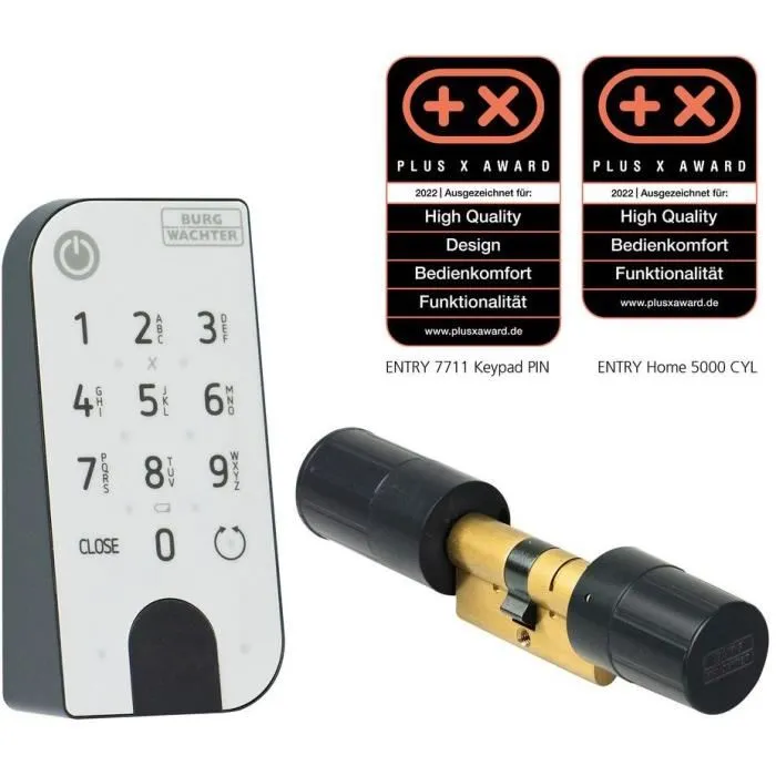 Burg-Wächter Cylindre Électronique SecuENTRY Home 5001 avec Bluetooth, Clavier Rétroéclairé Résistant aux Intempéries IP53, pour 6 Utilisateurs, pour Portes jusqu'à 118 mm